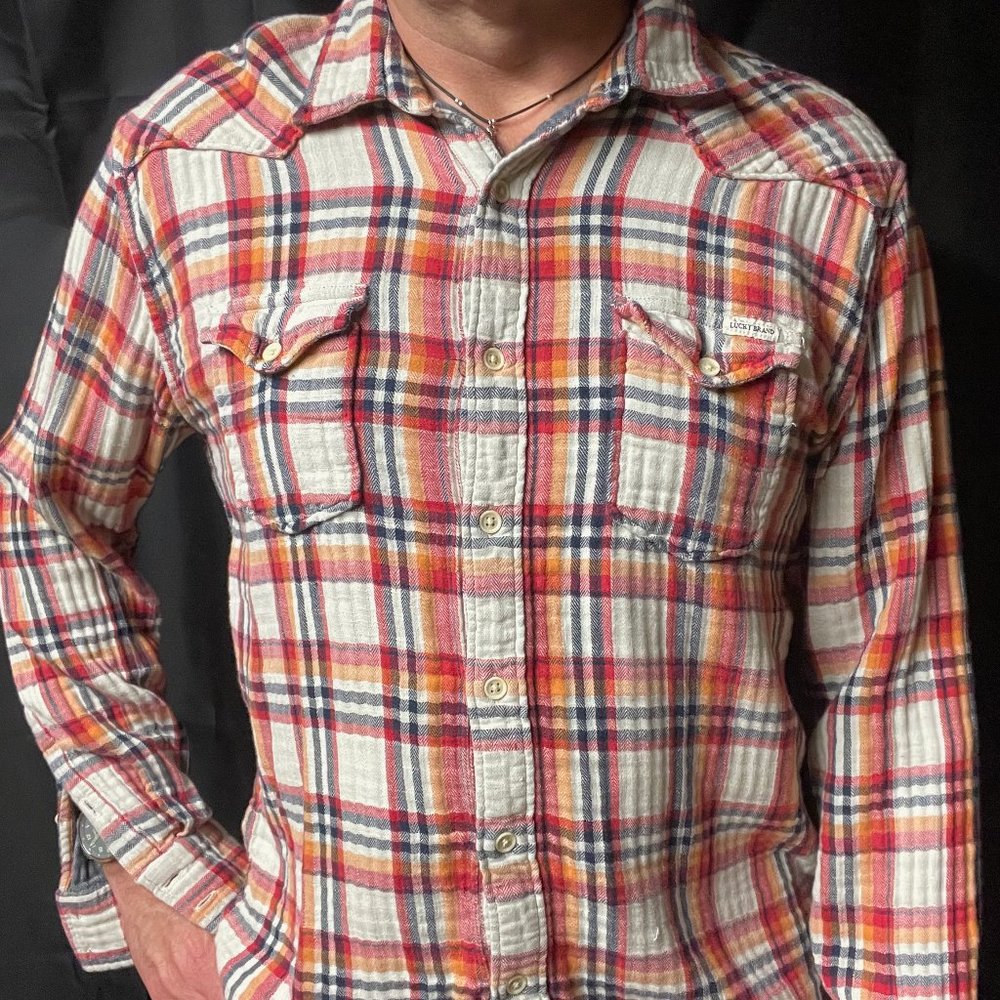 Lucky Brand Red & White Flannel Shirt Mens Large